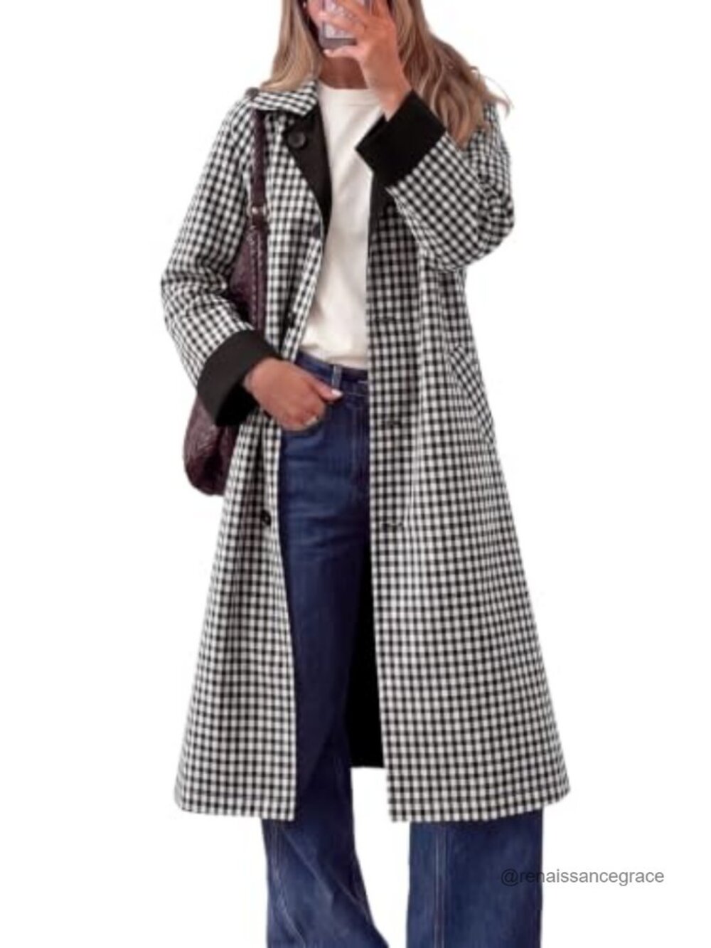 Womens Long Trench Coat Reversible Windproof Plaid Overcoat